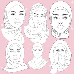 Puede incluir: Una colecci&oacute;n de seis ilustraciones de arte lineal en blanco y negro que muestran rostros de personas con varios estilos de hiyabs y cubrecabezas. Los dibujos est&aacute;n sobre un fondo rosa claro s&oacute;lido con peque&ntilde;os acentos de estrellas blancas.