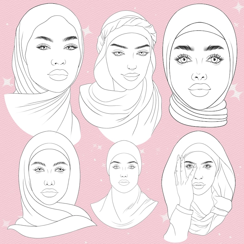 Puede incluir: Una colecci&oacute;n de seis ilustraciones de arte lineal en blanco y negro que muestran rostros de personas con varios estilos de hiyabs y cubrecabezas. Los dibujos est&aacute;n sobre un fondo rosa claro s&oacute;lido con peque&ntilde;os acentos de estrellas blancas.