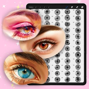 May include: A digital illustration of three different eyes with different colored irises. The eyes are surrounded by a grid of grayscale eyes.