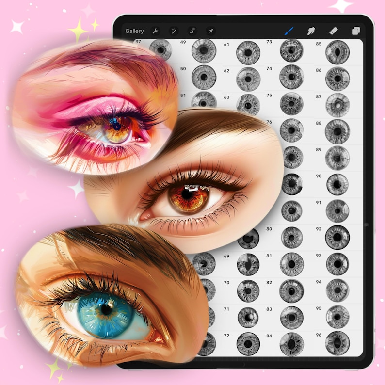 May include: A digital illustration of three different eyes with different colored irises. The eyes are surrounded by a grid of grayscale eyes.