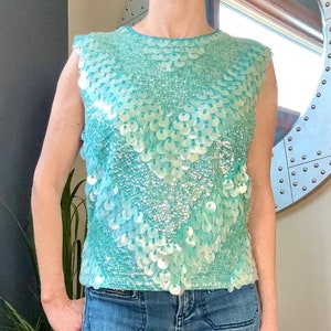 1960s MOD Aqua Blue, Sleeveless beaded and iridescent sequin 100% wool knit Top/ Blouse (Zipper Back) Marked Size Large