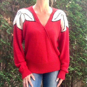 1980s Vintage Red Sweater/ Jumper~ White Angora Floral Shoulder Accents Pearl beaded at Centre- Trimmed in Black- Vintage Medium Size.