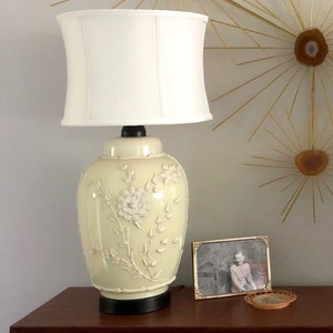 Chinoiserie (Glass) Ginger Jar Lamp Bases~ MCM Ceramic Raised Floral Design- Circa 1950-1980s (Ivory/Ecru) *Each sold separately.