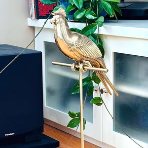 XL Solid Brass Parrot on Perch Statue, 21 inch Tall~ Circa 1970s.