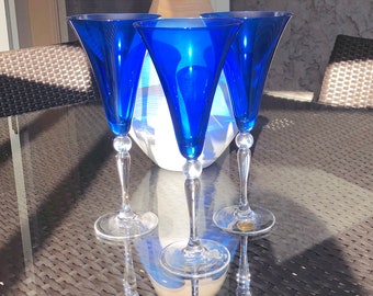 Cristal D'Arques Cobalt Blue Goblets: French Crystal Champagne Glasses, Set of 3