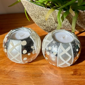 MCM Mercury Glass Candle Holder Pair: Atomic Era Mica Design