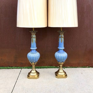 MCM Neoclassical Urn Lamp base PAIR~ Blue Lapis Finish Pottery w/ Brass Accents (Over 3 Feet Tall) Circa 1950-1960s~ Statement Lamps