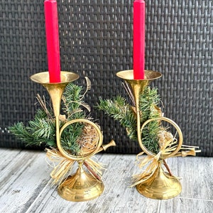 Solid Brass French Horn Candle Holders PAIR- Circa 1970s (Christmas Table Decor/ Christmas Mantle Decor)