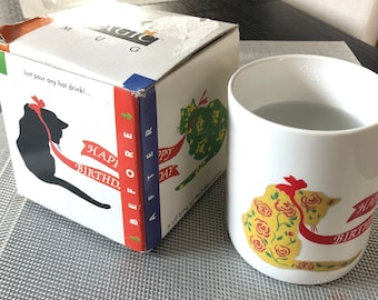 Vintage Katzen Tasse "Farbzauber" (Farbwechsel mit Heißgetränk) New Old Stock in Box- Spruch: Happy BIrthday (Circa 1980er Jahre)