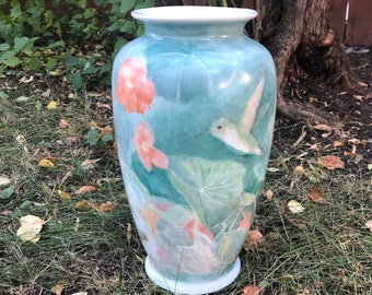 1980s Hand painted Art Deco  "Humming Birds" Porcelain Vase (13 inches Tall)