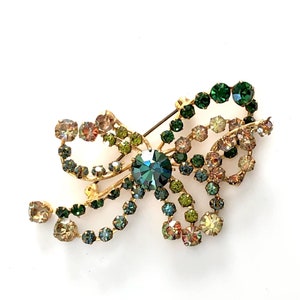 MCM Vintage 1950-60s Statement Brooch &quot;Bow Shaped&quot; (Blue/Green Crystals or Rhinestones) 2 by 3 inches.