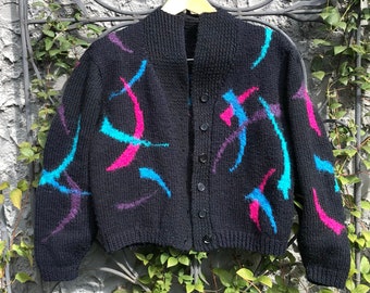 Hand Knit Angora Cardigan: Neon Geometric Sweater, Mid century/ 1980s Fashion.