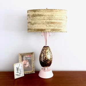 1950s Atomic Modern Table Lamp with Fibreglass Shade (Black Gold Ceramic with pale pink Accent)