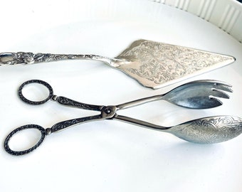 Vintage Ornate Silver Plated Pie Server/ Spoon Tong PAIR (Mix/Match) Circa 1960-1980s