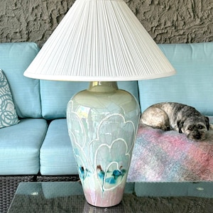 Large Raku Pottery Lamp with Shade: Iridescent Pastel 1980s Lighting