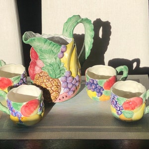 1980s Fitz & Floyd Mugs + Pitcher/ Jug Set (6 pc)  "Fruit Basket" Design