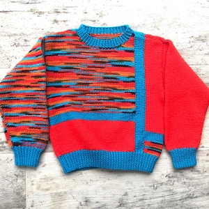 Vintage Children's Hand Knit Sweater~ Colourful Mondrian inspired Design (Size 4-6x) Circa 1960-1980s / Gender neutral, Unisex.