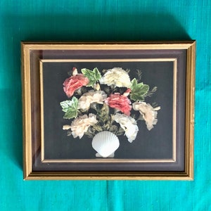 1930-1950s Shadow Box Seashell Art (Floral)- in (Gilt Gold) Wooden Frame