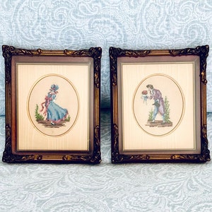 Ornate Gilt Gold Framed Petit Point Neoclassical Art "Courting" Pair~ Circa 1950s (6 by 7 inches each)