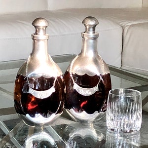 MCM Royal Holland Daalderop Amber & Hammered Pewter Decanter PAIR (Gin/ Vodka) Circa 1930s