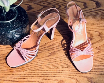 Vintage Raphael Leather Strappy Heels: Champagne Disco Pumps, Size 6.5AA