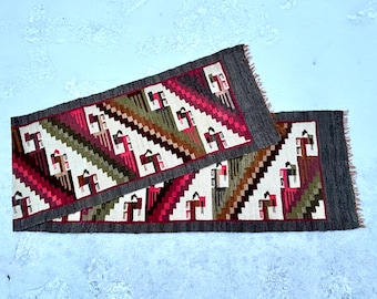 Vintage Boho Geometric Design Mexico Wool Runner 9.5 Feet by 22 inches, Vintage.
