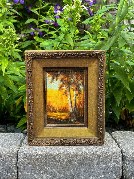 1970s Framed Oil Painting: Autumn Landscape by Vicki Dibbens (9x11