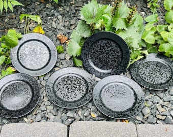 Ensemble De 6 Assiettes Plates Grès Village, Vintage