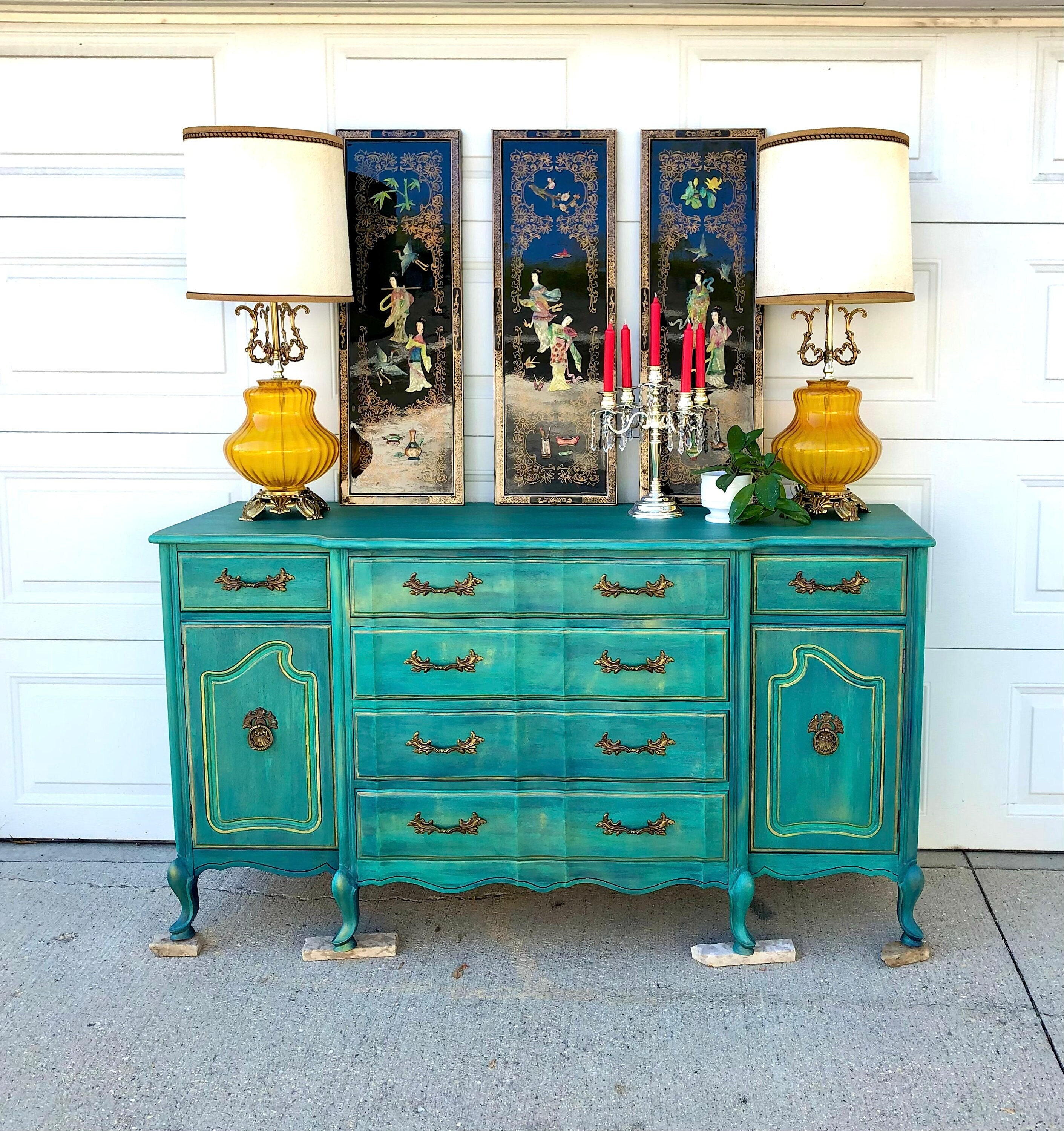 Refinished Florentine Buffet: Turquoise Sea Finish, Solid Wood