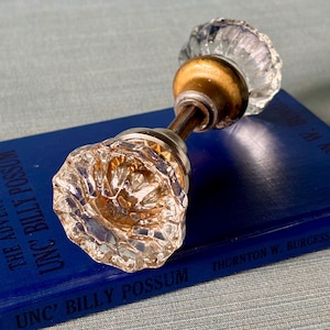 Peut inclure: Un bouton de porte en verre transparent et facetté avec des éléments en laiton et argent. Le bouton de porte repose sur un livre bleu avec le titre "UNC' BILLY POSSUM". Le bouton de porte a une esthétique vintage.