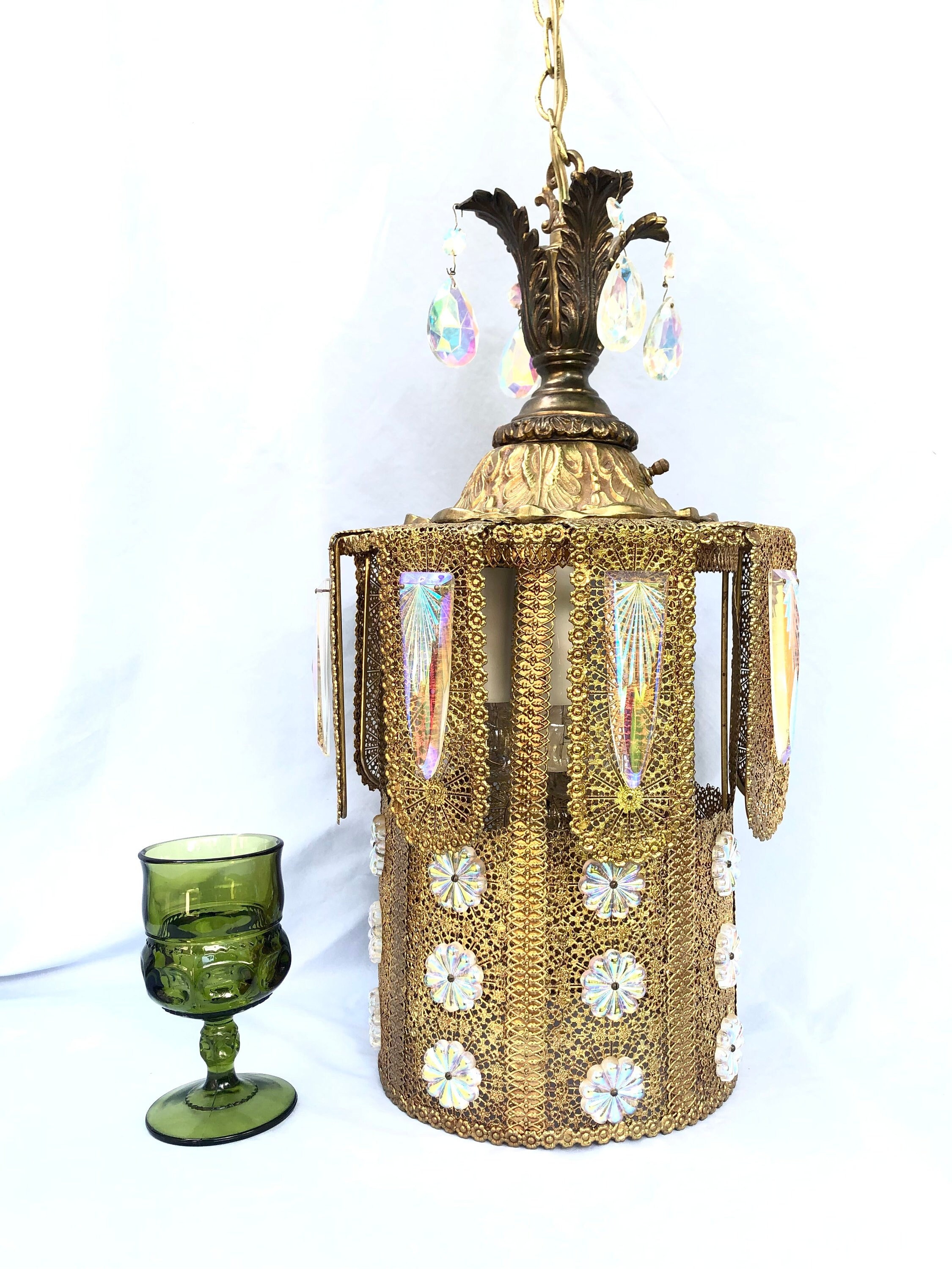 Ornate Gold Filigree & Crystal Hollywood Regency Swag Lamp
