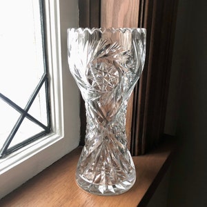 Lead Crystal Corset Vase- Scalloped Edge Pinwheel Design- Circa 1930-1960s- Maker Unknown-8 inch Tall