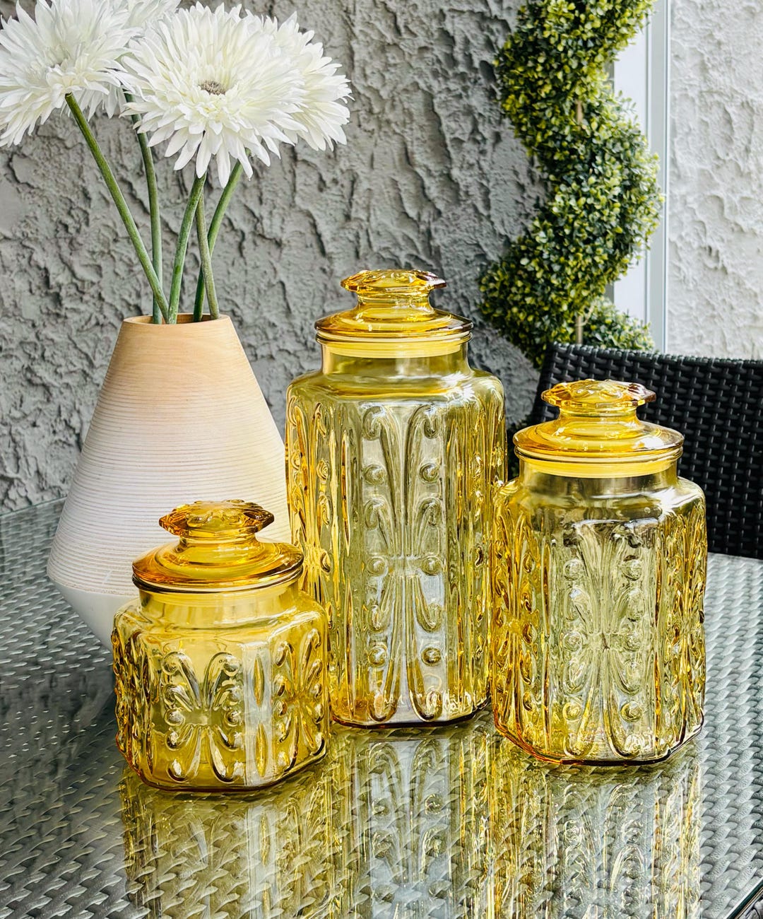 SET Of 3 LE SMITH Imperial Honey Amber Atterbury Scroll Glass Canister set-of-3-le-smith-imperial-honey-amber-atterbury-scroll-glass-canister