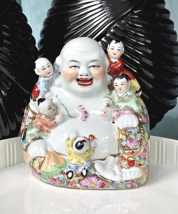 Vintage Laughing Buddha (jingdezhen) With Children. 8 Inch Tall