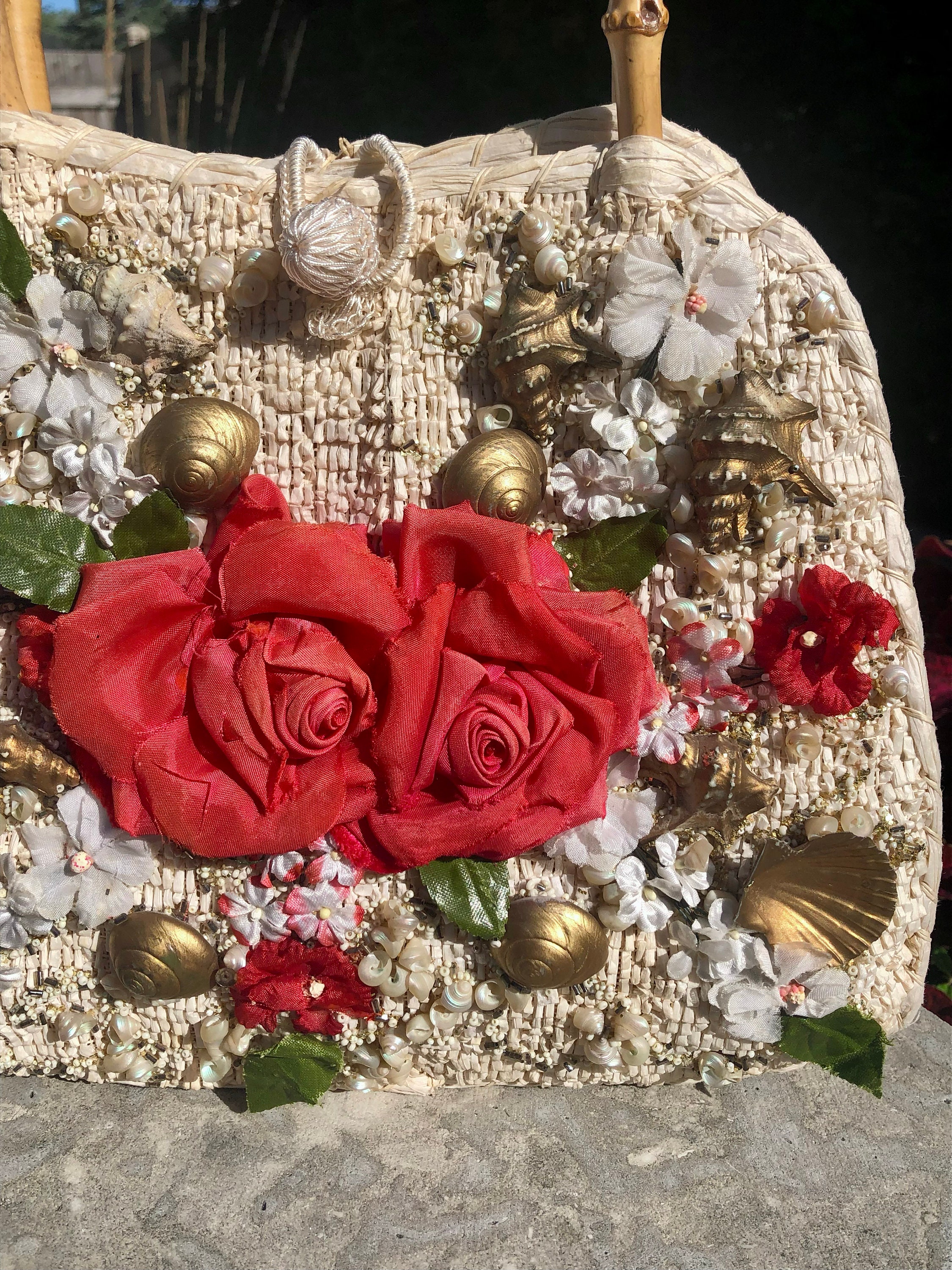 1940-1950s Beaded, Floral & Seashell Embellished, Woven 1940-1950s Beaded, Floral & Seashell Embellished, Woven