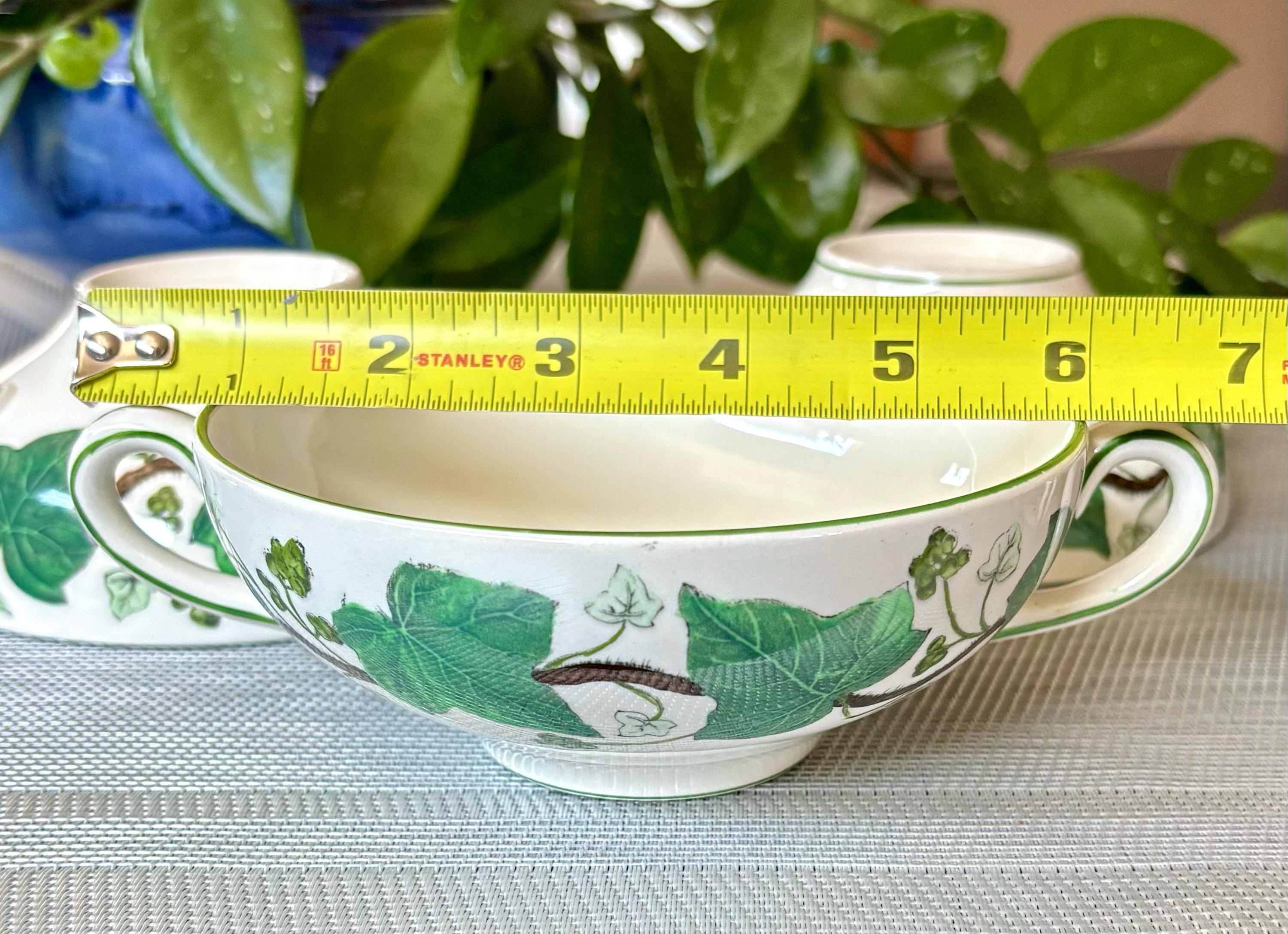 Wedgwood Napoleon Ivy Double Handled Soup Cup/ Bowls, Green Rimmed