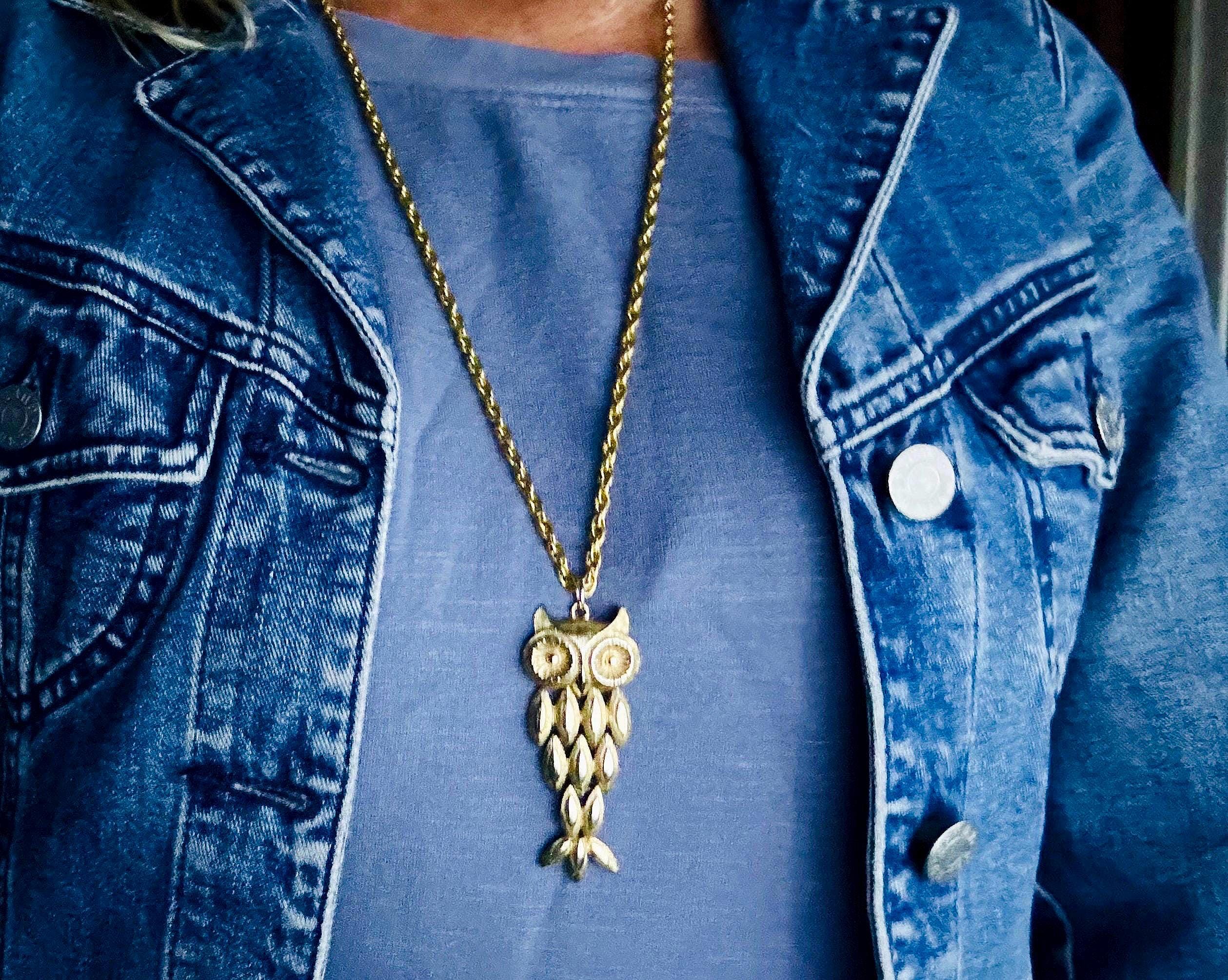 Vintage Avon, Articulated Owl Pendant Necklace, Gold Tone Costume Jewelry - Circa 1969-80s (Longer l