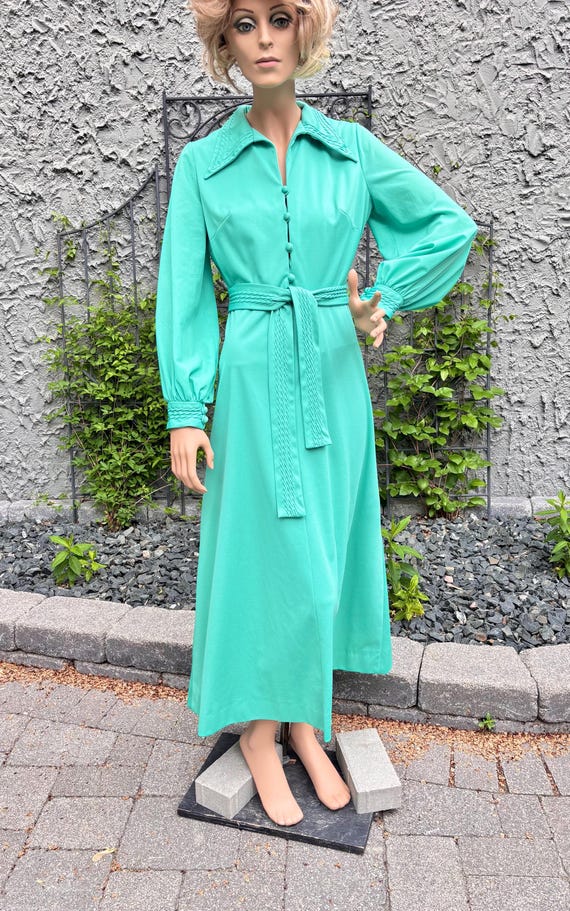 green groovy dress 1970s Belted Hostess Sage green