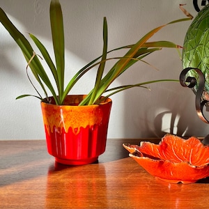 Peut inclure: Un pot de fleurs en céramique cannelée rouge et orange vif contenant une plante verte aux feuilles longues et fines, placé à côté d'un petit plat en céramique orange en forme de feuille aux bords sombres et texturés et une lampe globe verte.