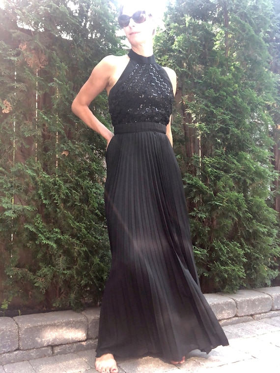 Vintage 1960s Halter Maxi Gown: Sequin Beaded Top, Pleated Chiffon Skirt, Size Small - Etsy Vintage 1960s Halter Maxi Gown: Sequin Beaded Top, Pleated Chiffon Skirt, Size Small - Etsy
