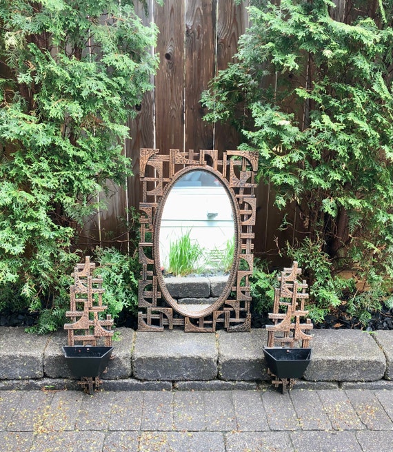 Brutalist Wall Mirror & Sconce Set- "Coppercraft" Brand Circa 1960-1970s (Hang vertically or horizontally)