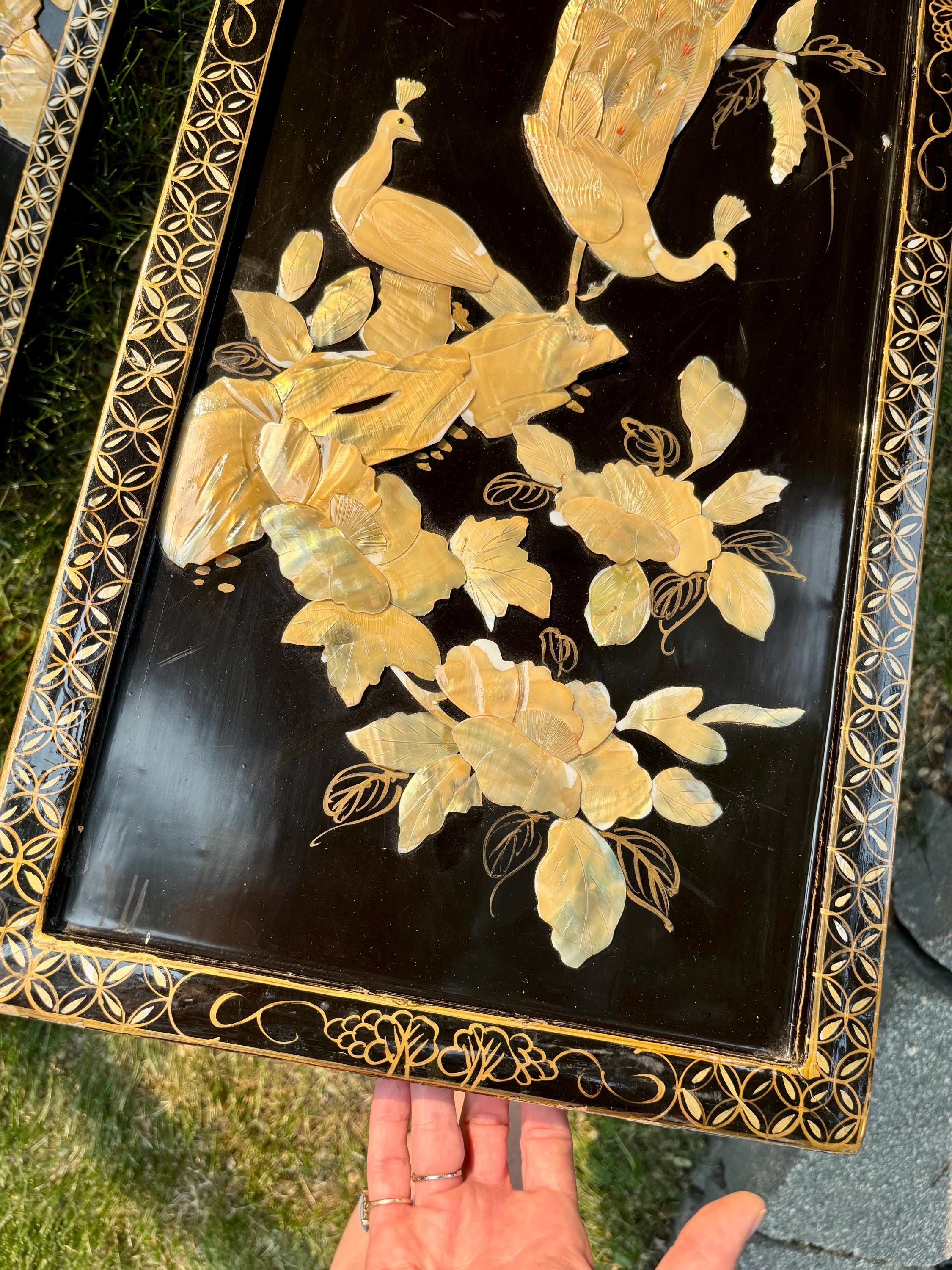 Vintage Chinoiserie Lacquer Wall Art Panels: Carved Shell Birds 