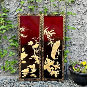 Vintage Chinoiserie Lacquer Wall Art Panels: Carved Shell Birds, 1950s-70s