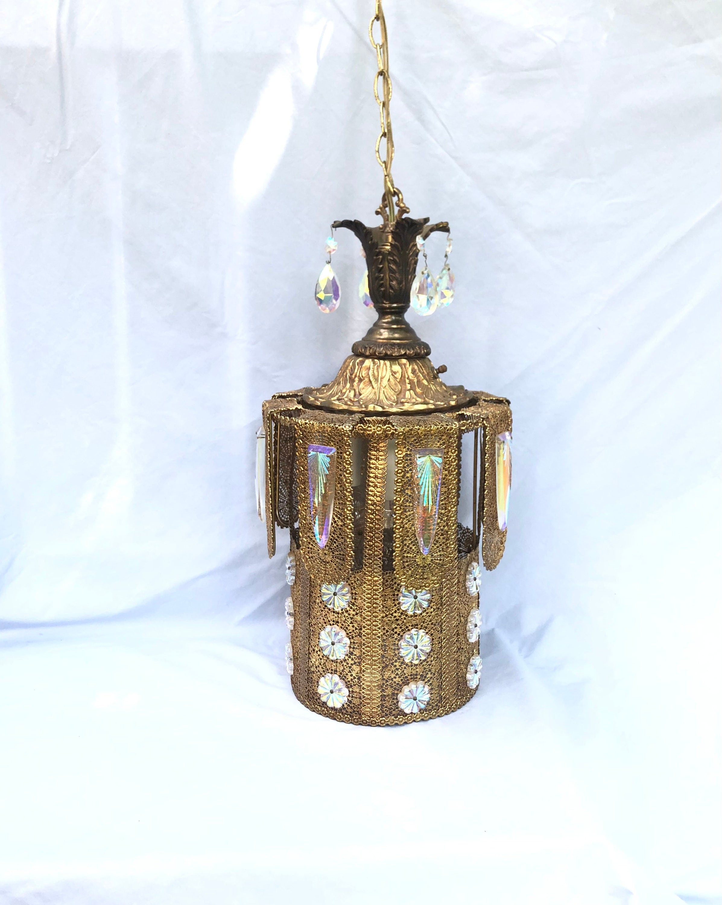 Ornate Gold Filigree & Crystal Hollywood Regency Swag Lamp