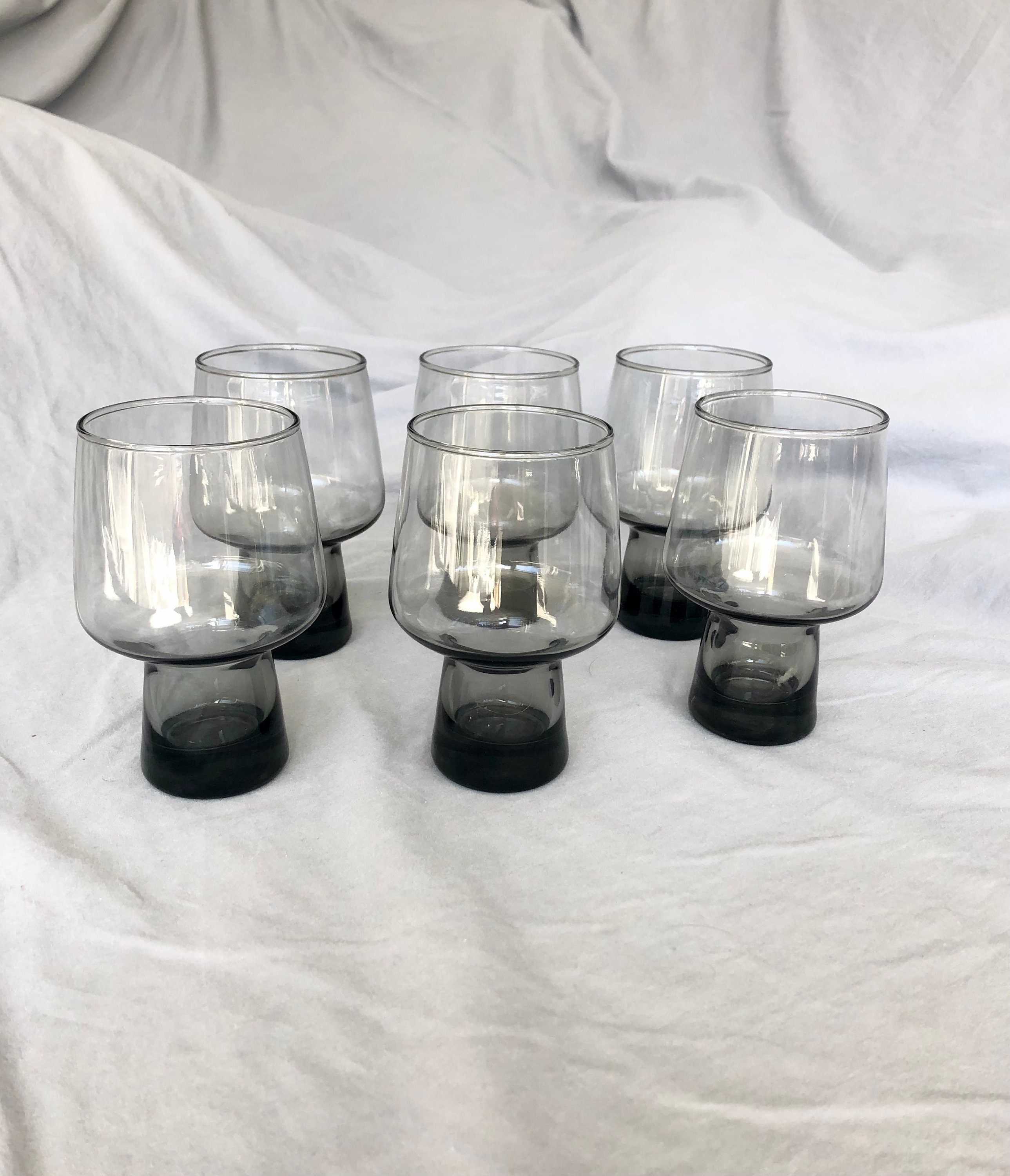 6 pc - Vintage Libbey Smokey Carrington Square Bottom Highball Drinking  Glasses