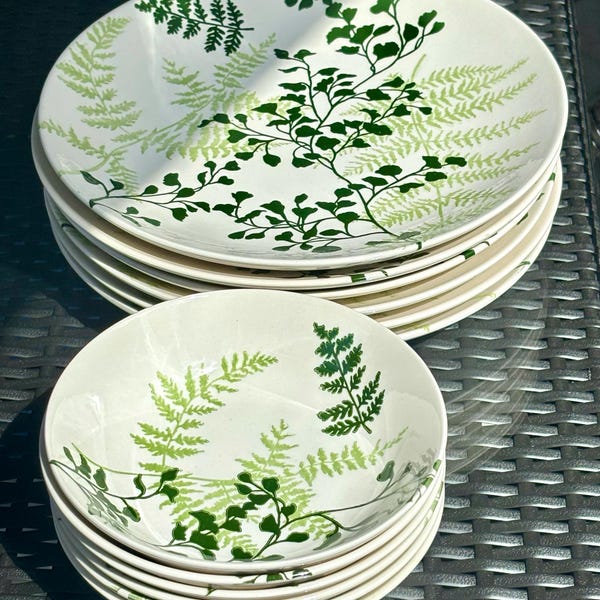 Cavalier Ironstone "Green Fern" (Royal China USA) 6 SET of Dinner Plates OR Bowls, Circa 1950-1970s