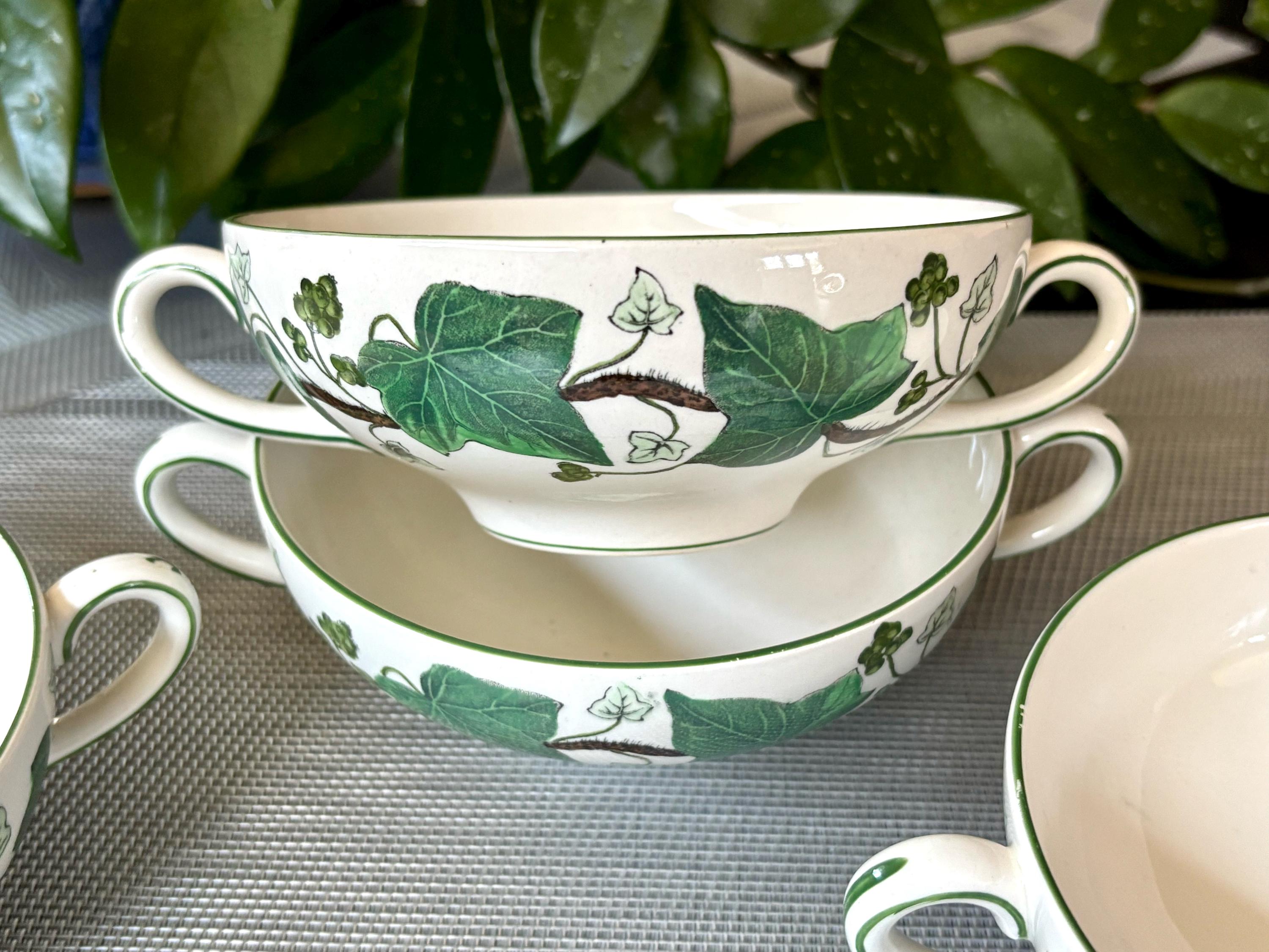 Wedgwood Napoleon Ivy Double Handled Soup Cup/ Bowls, Green Rimmed