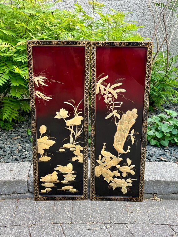 Vintage Chinoiserie Lacquer Wall Art Panels: Carved Shell Birds