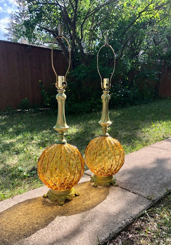 Empoli (Italy) Textured Amber Glass Lamp BASES- Hollywood Regency/ Mid century- C. 1960-1970s