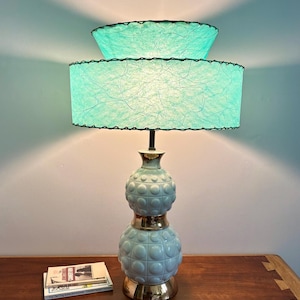 MCM Ceramic Table Lamp: Aqua Blue Fiberglass Shade, 1950s Atomic Era
